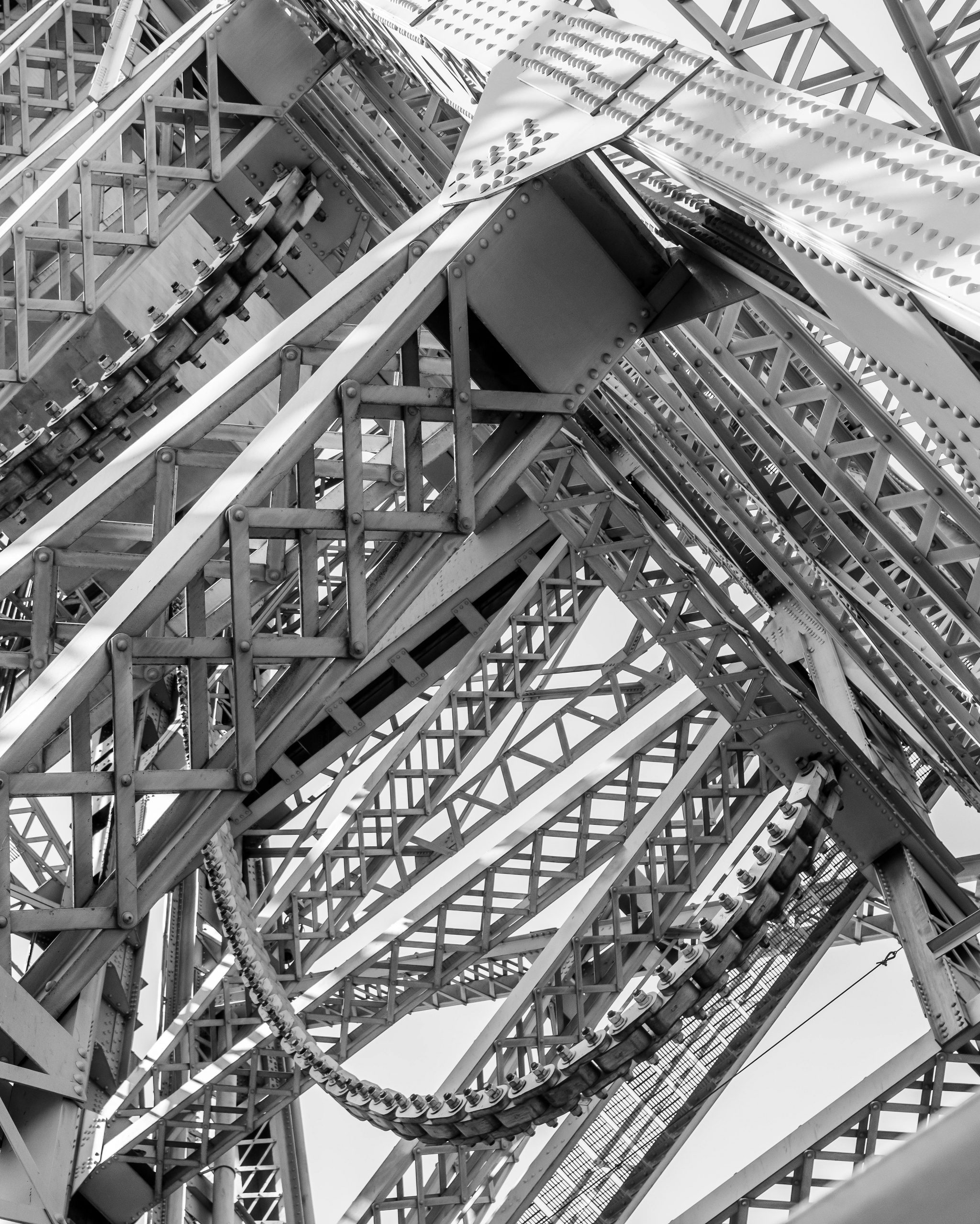 Close-up view of the intricate iron framework of Duluth's iconic Aerial Lift Bridge.